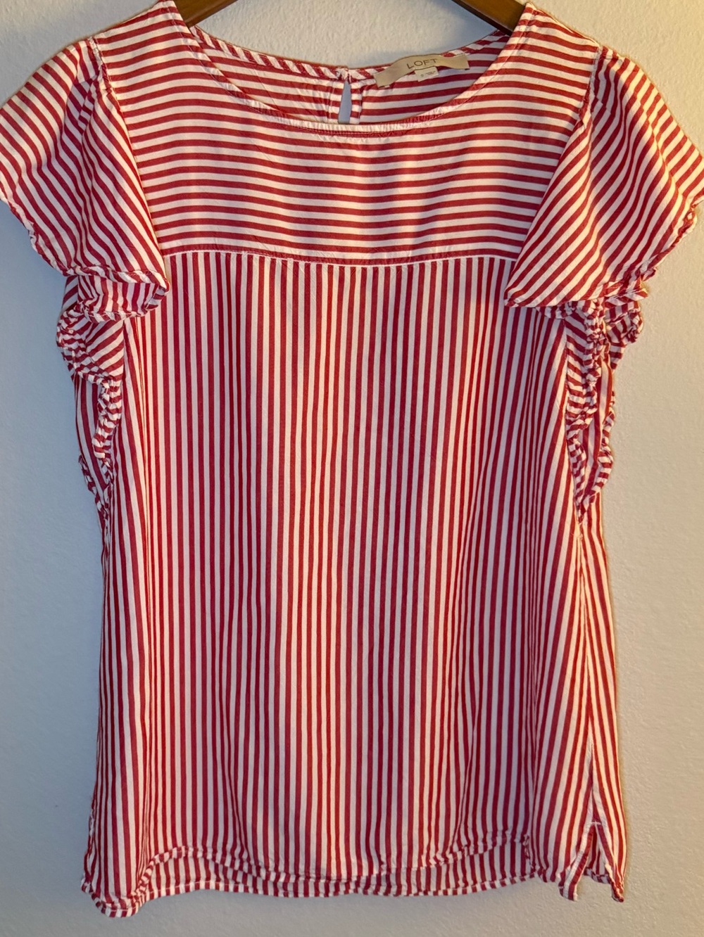 LOFT Red & White Striped Flutter Sleeve Top